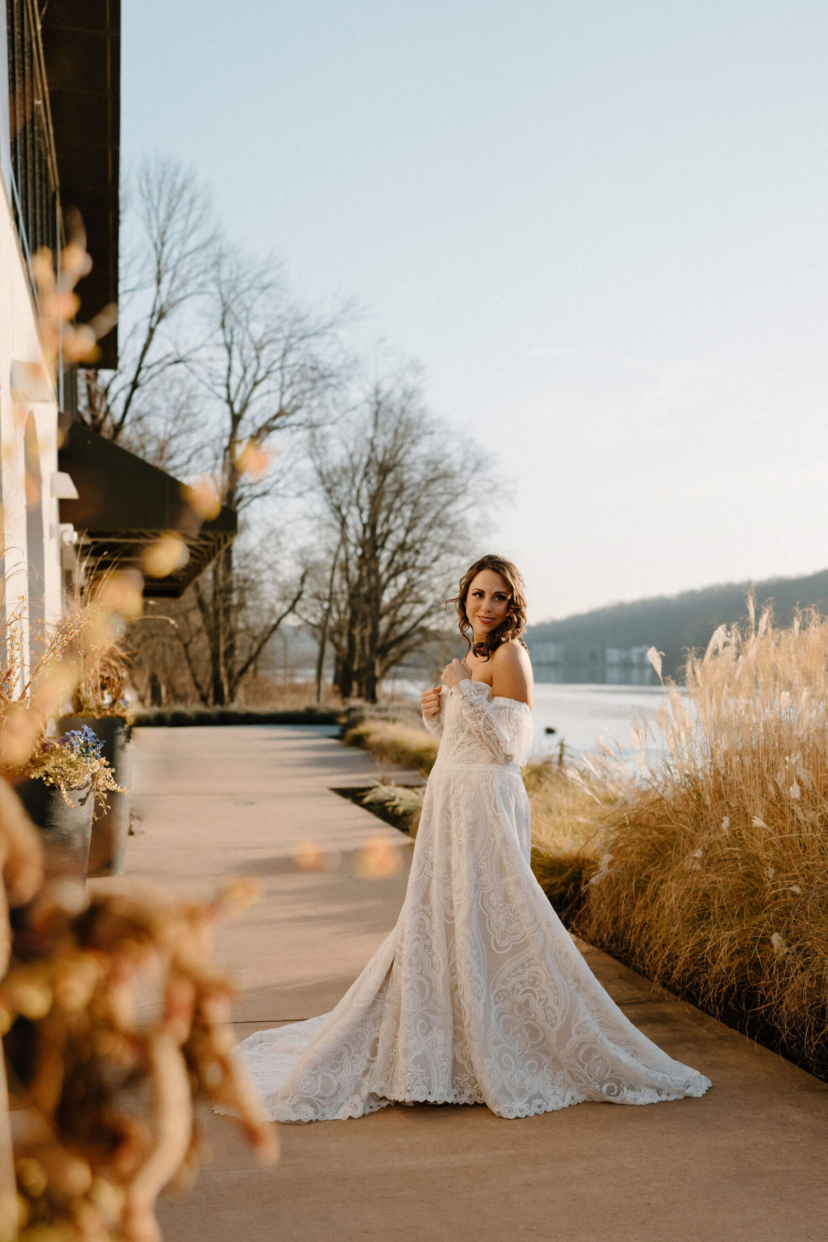 bride (brown hair, textured off-white dress) seeing her groom for the first time in lambertville new jersey