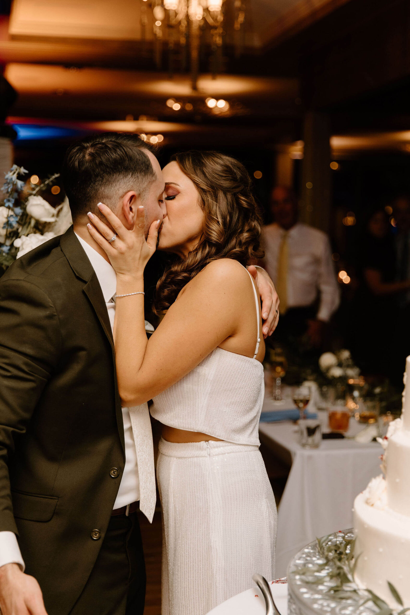 bride and groom kissing passionately during their wedding reception in lambertville new jersey