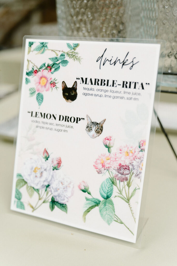 close up of an eclectic signature drink sign, featuring "marble-rita" and "lemon drop" signature drinks