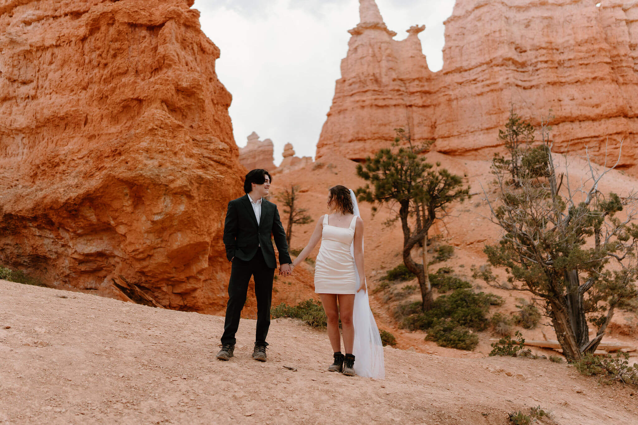 bride and groom standing shoulder-to-shoulder and holding hands, surrounded by hoodoos in Bryce Canyon National Park