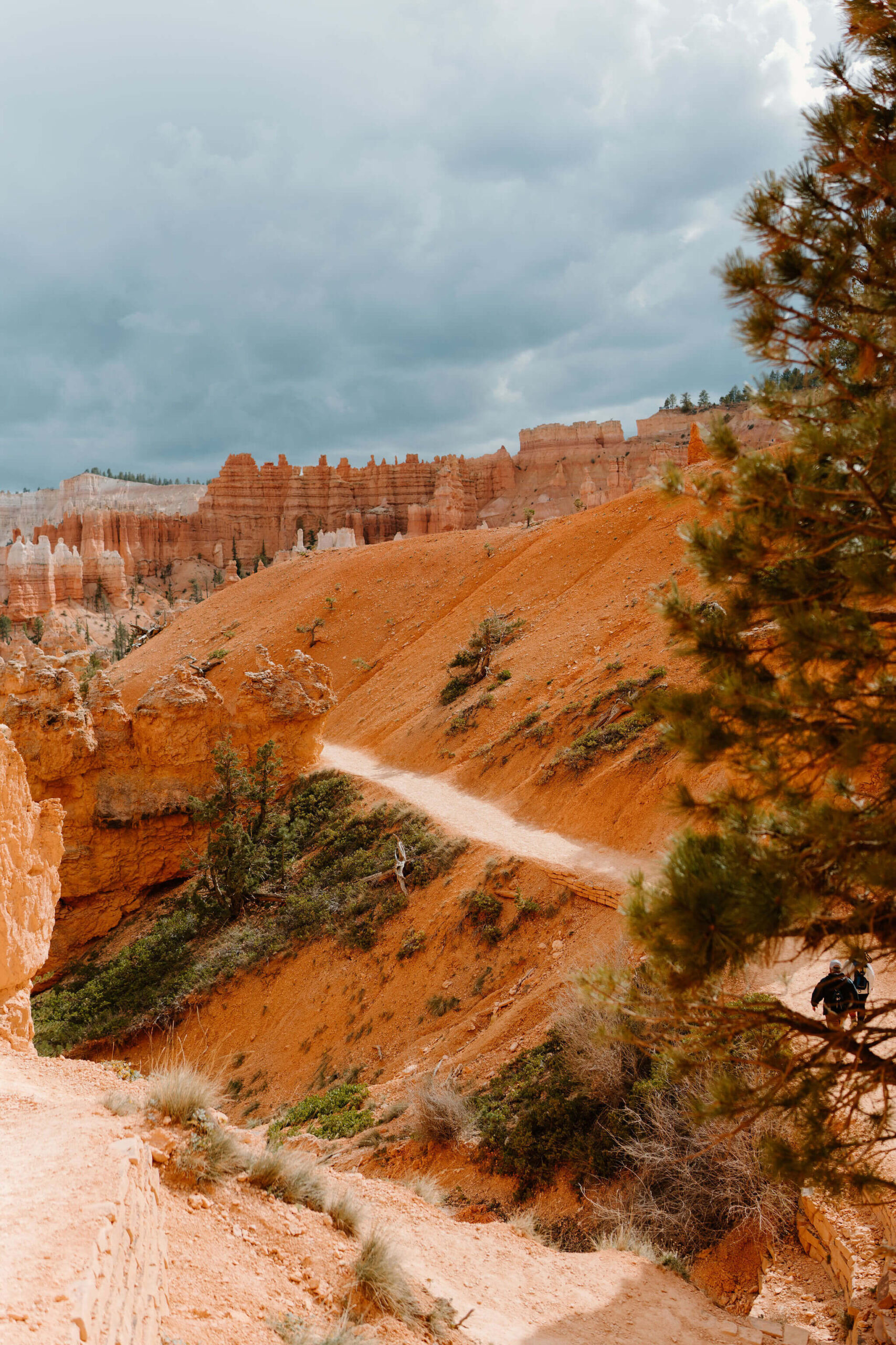 image of a trail through bright red rocks with hoodoos in the background at Bryce Canyon National Park