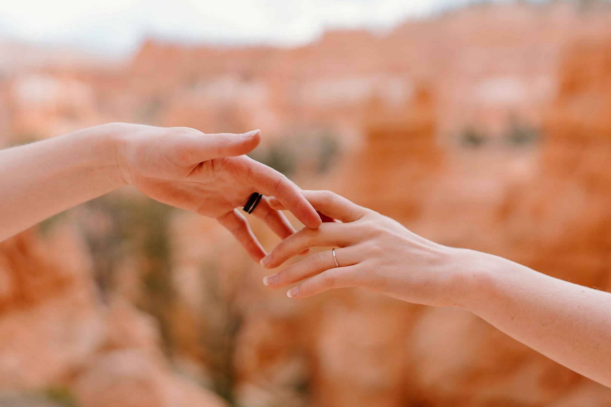 close up of bride and groom's hands against a red background, focusing on their wedding bands