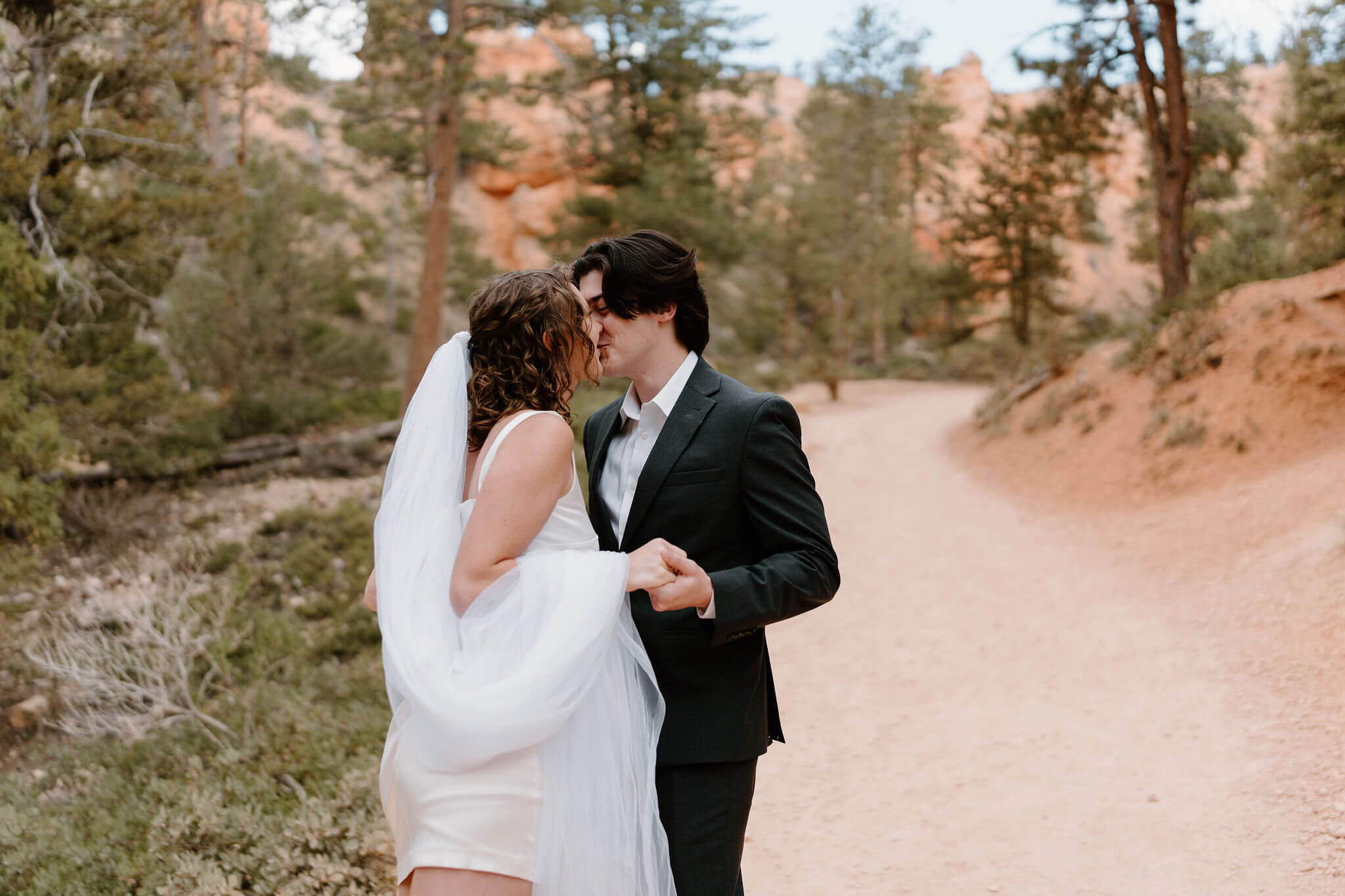 bride and groom kissing and holding hands
