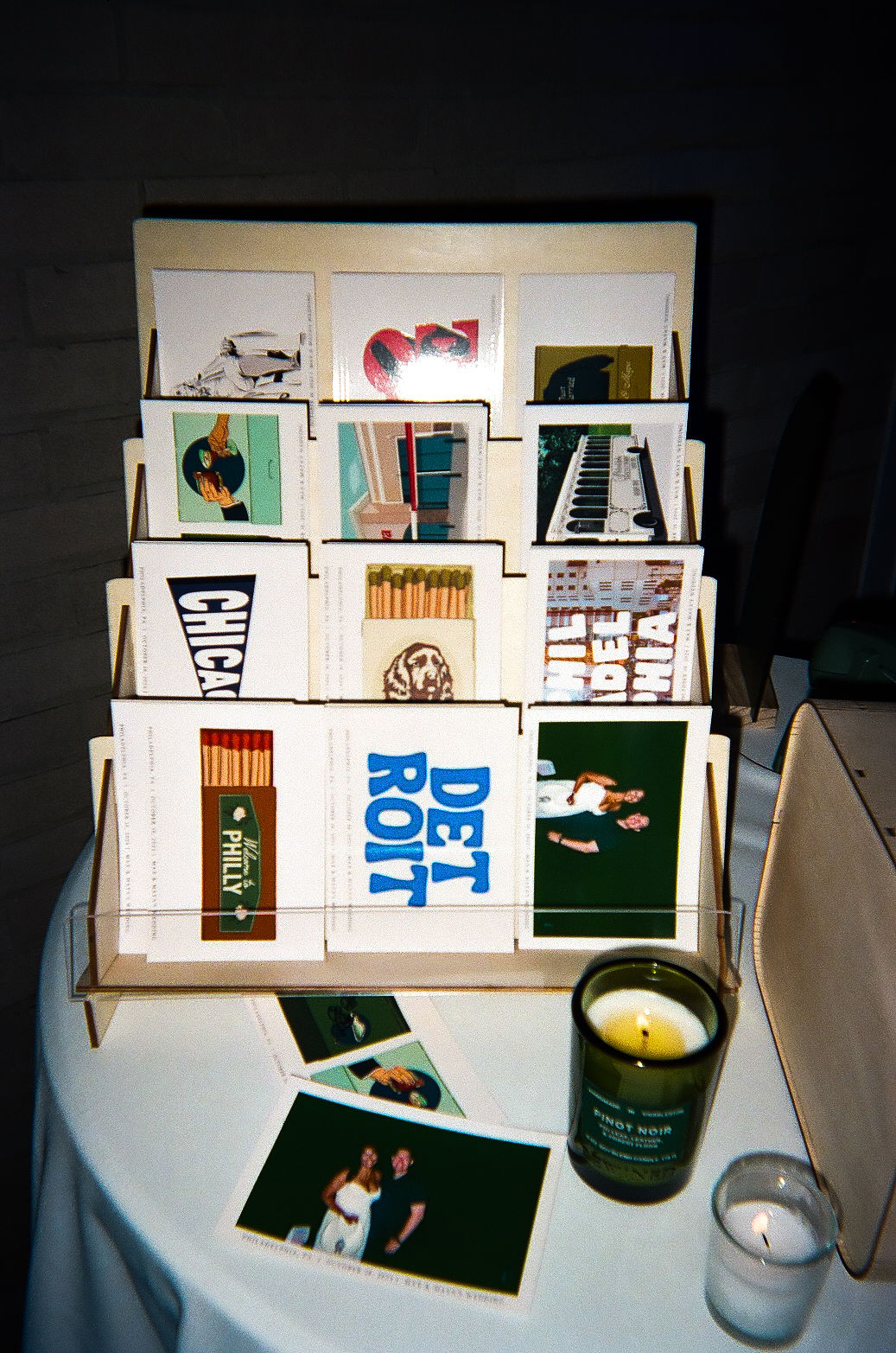 a stand of postcards featuring themes from both Philadelphia and Detroit
